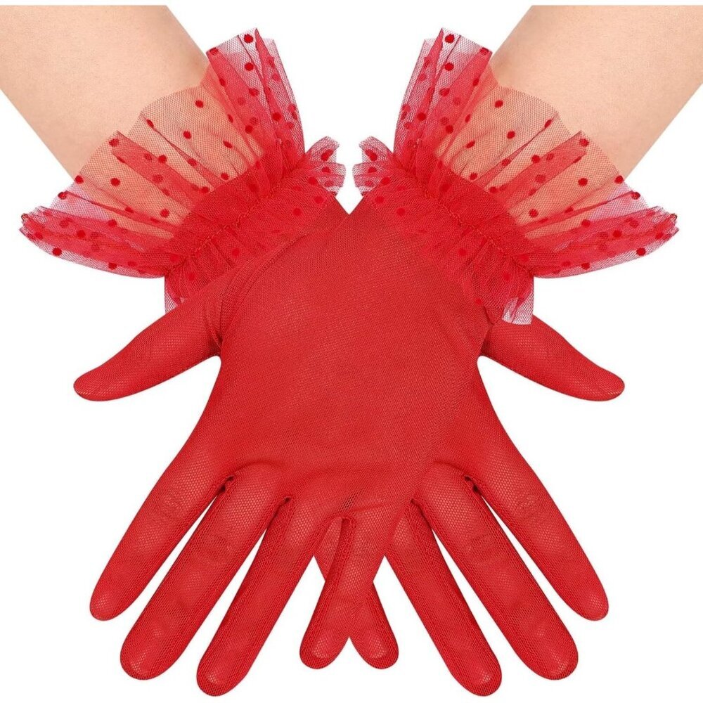Women's Short Lace Dark Red Sheer Mesh Tea Party Prom Gloves Banquet Costume